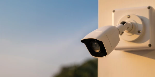 Scène extérieure résidentielle avec caméra de surveillance professionnelle au premier plan surveillant une propriété privée
